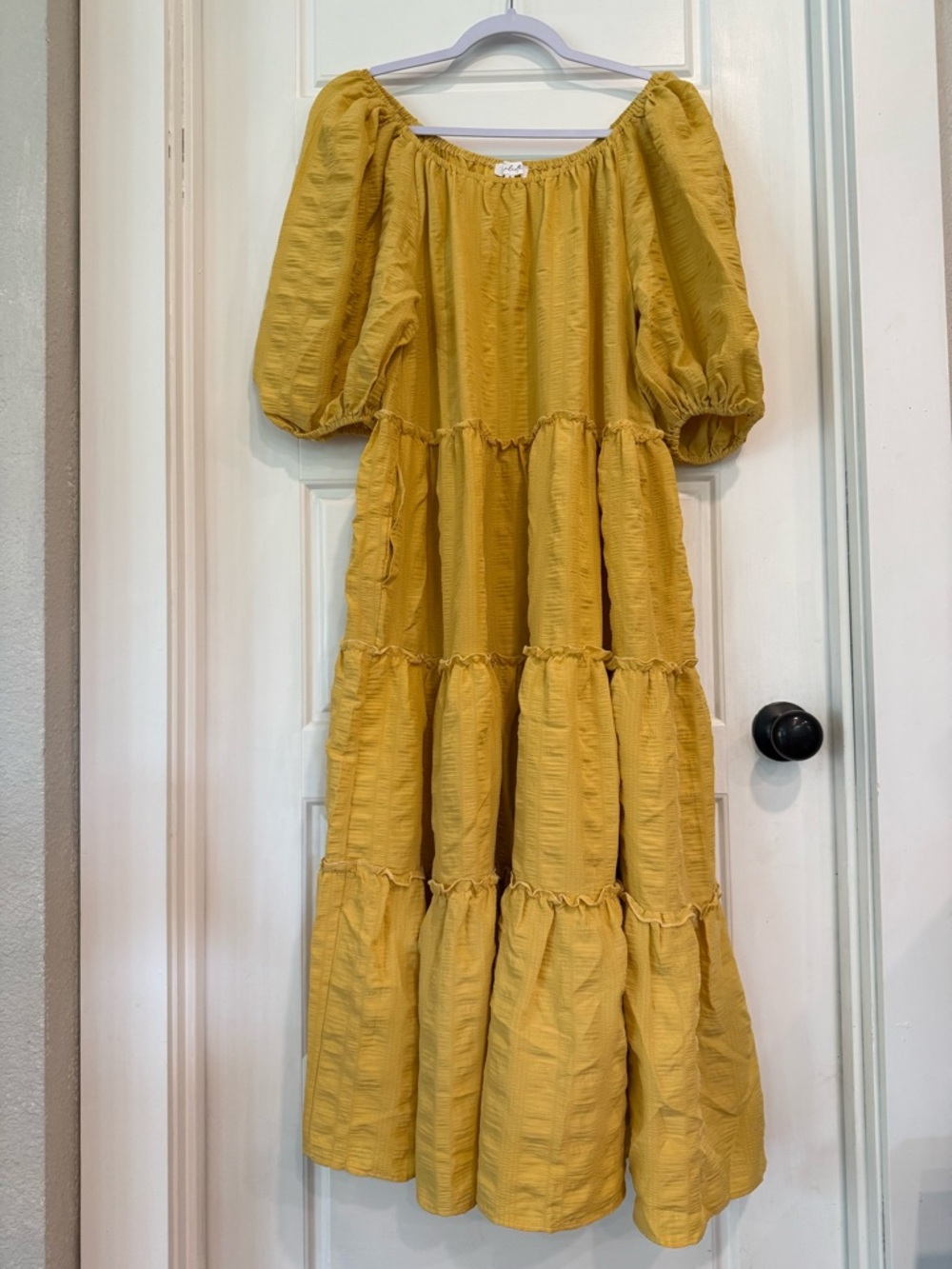 Calista Mustard Yellow Tiered Midi Dress Size Small Puff Sleeve Pockets